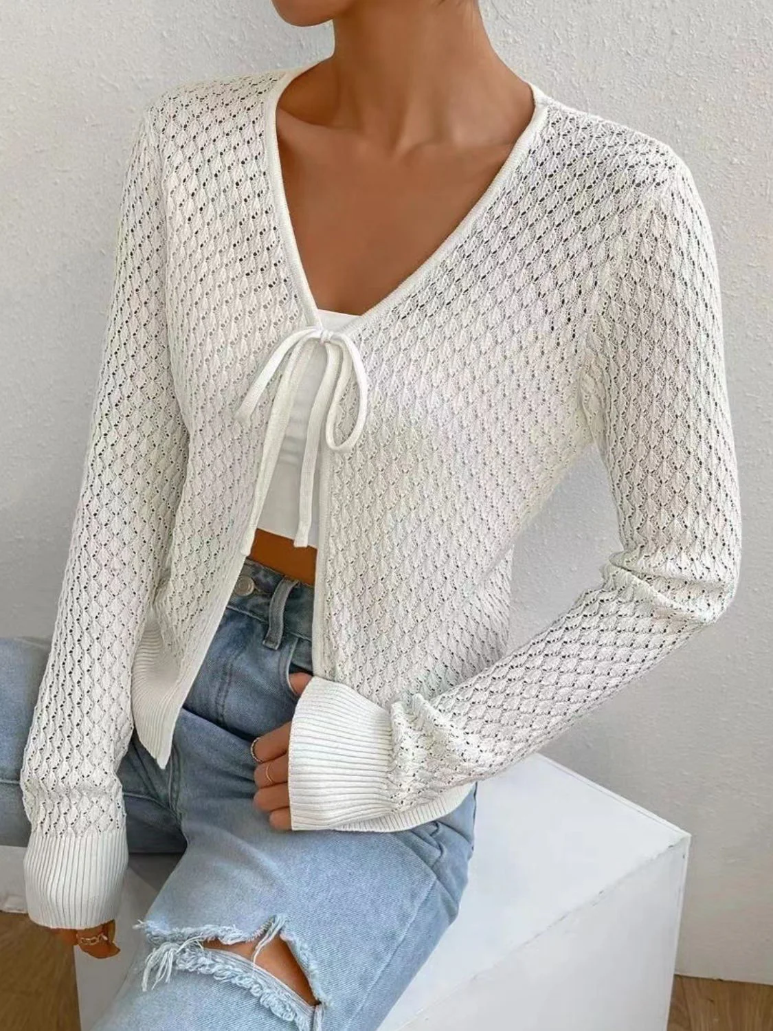 Tied Openwork V-Neck Long Sleeve Cardigan - Image 3