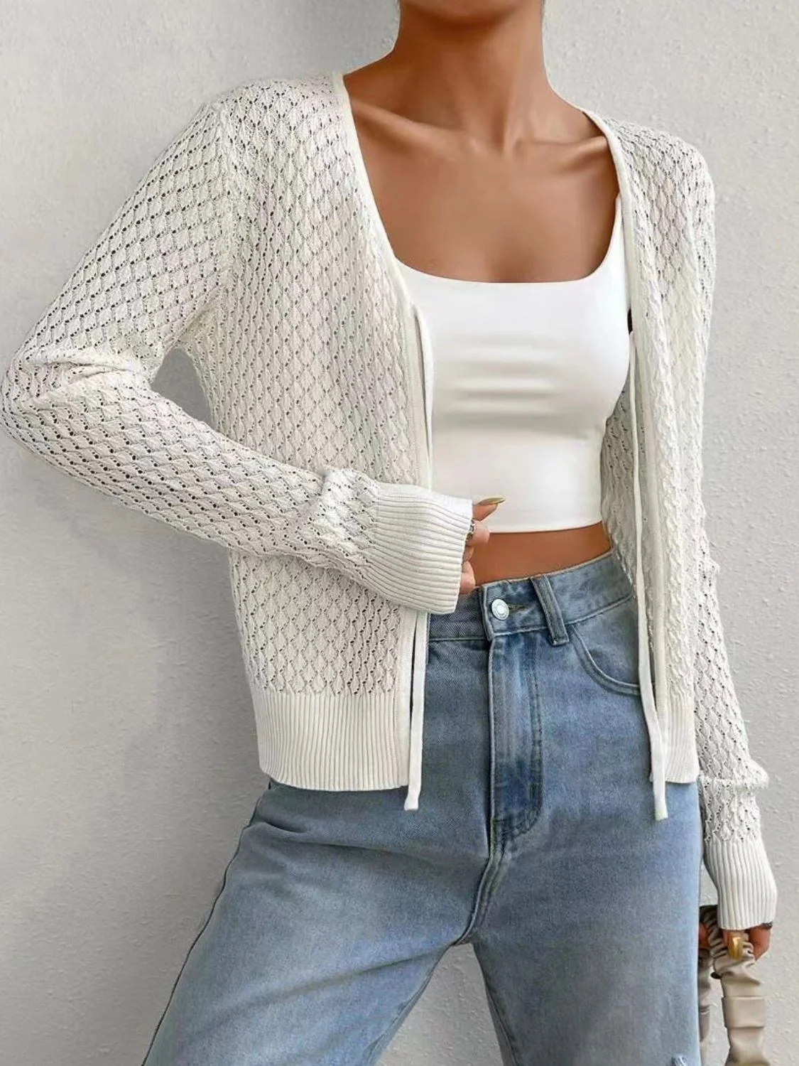 Tied Openwork V-Neck Long Sleeve Cardigan - Image 4