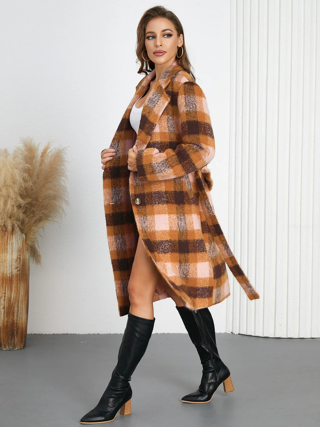 Tied Plaid Collared Neck Coat - Image 10