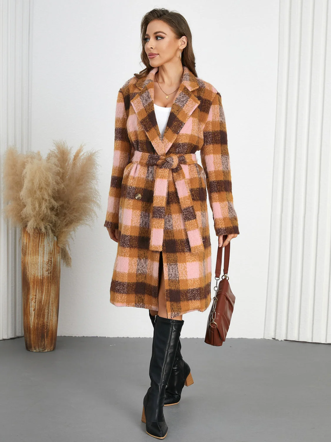 Tied Plaid Collared Neck Coat - Image 13