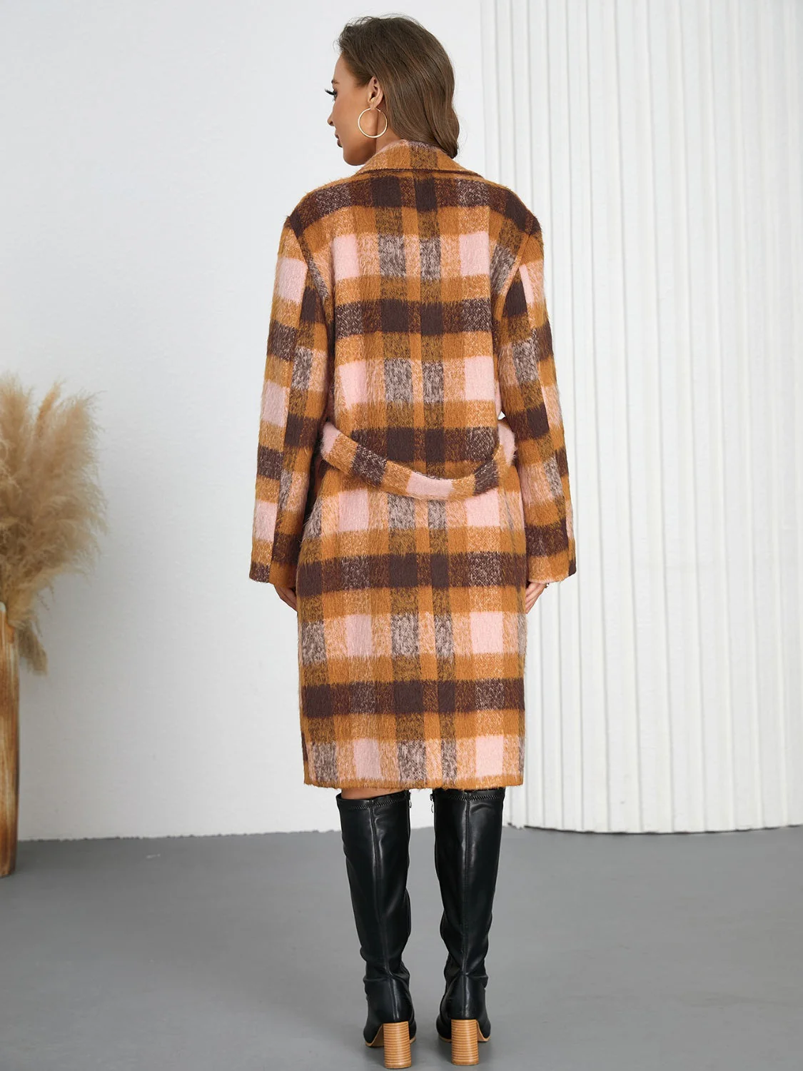 Tied Plaid Collared Neck Coat - Image 14
