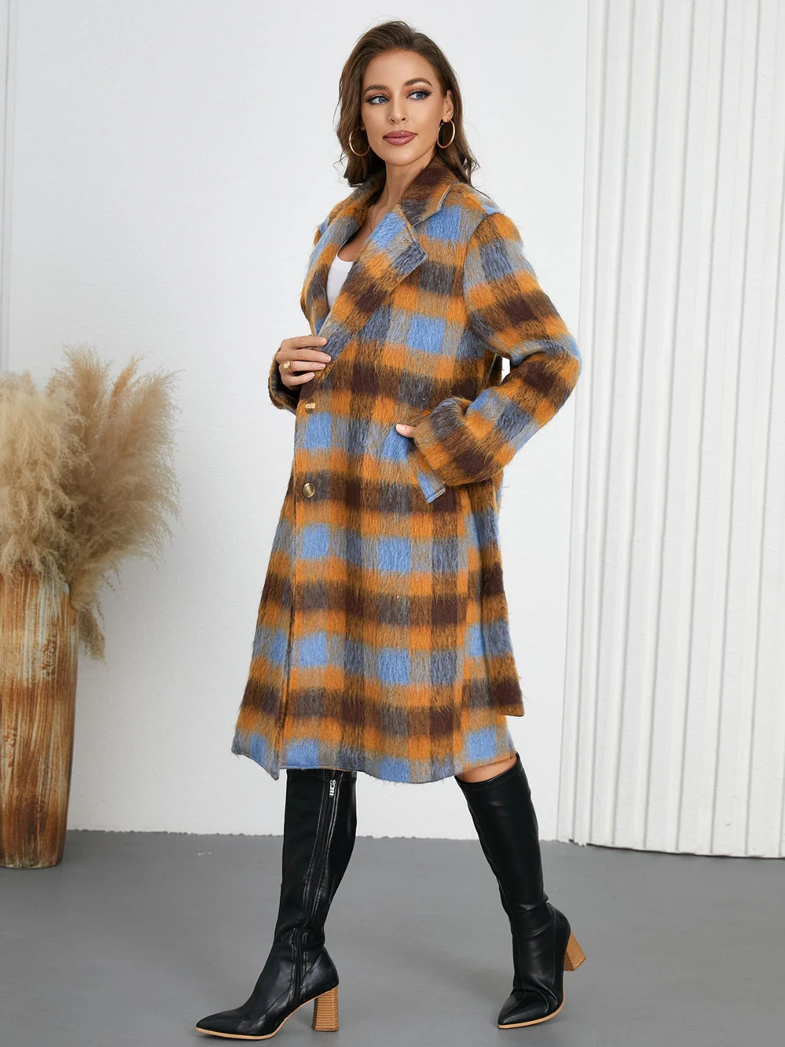 Tied Plaid Collared Neck Coat - Image 2