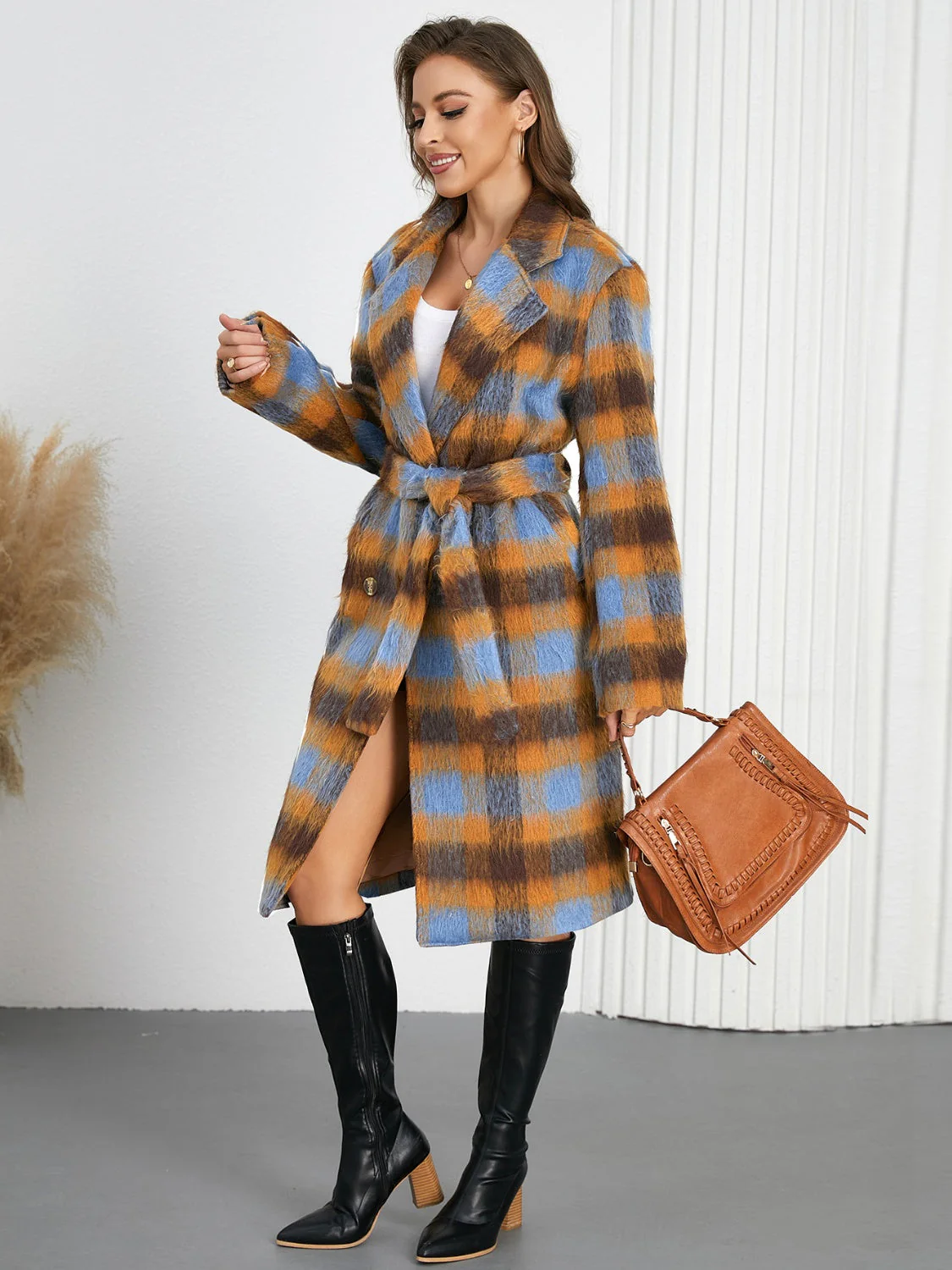 Tied Plaid Collared Neck Coat - Image 3