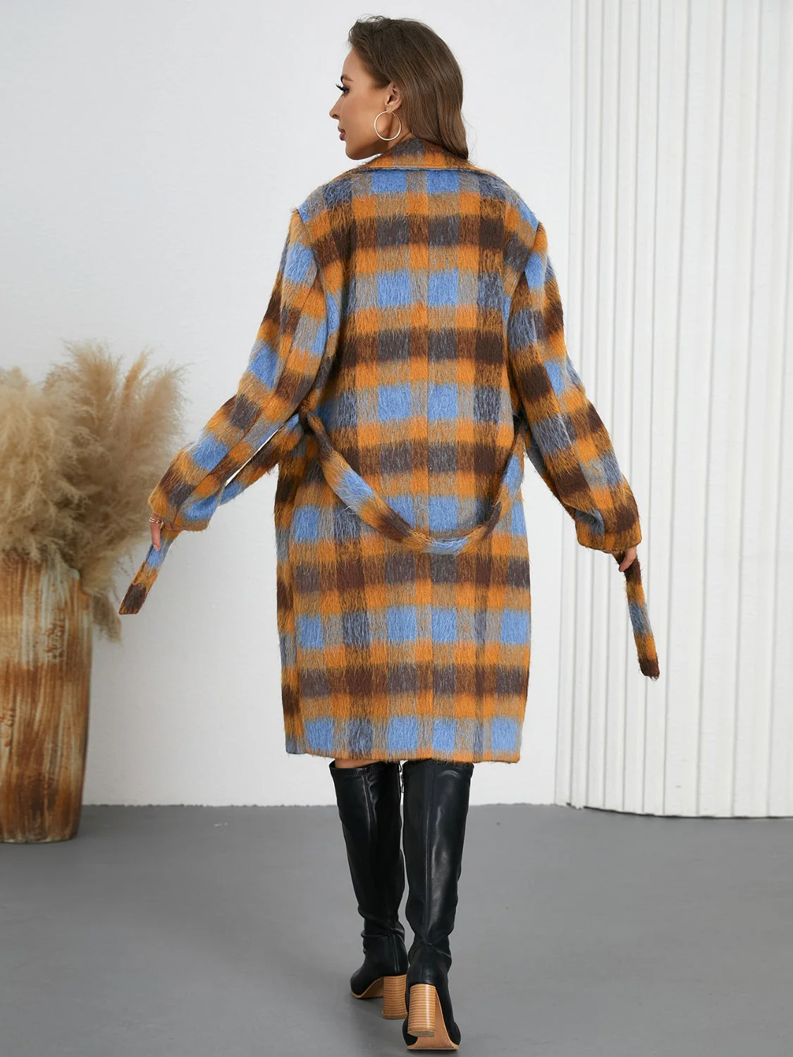 Tied Plaid Collared Neck Coat - Image 4