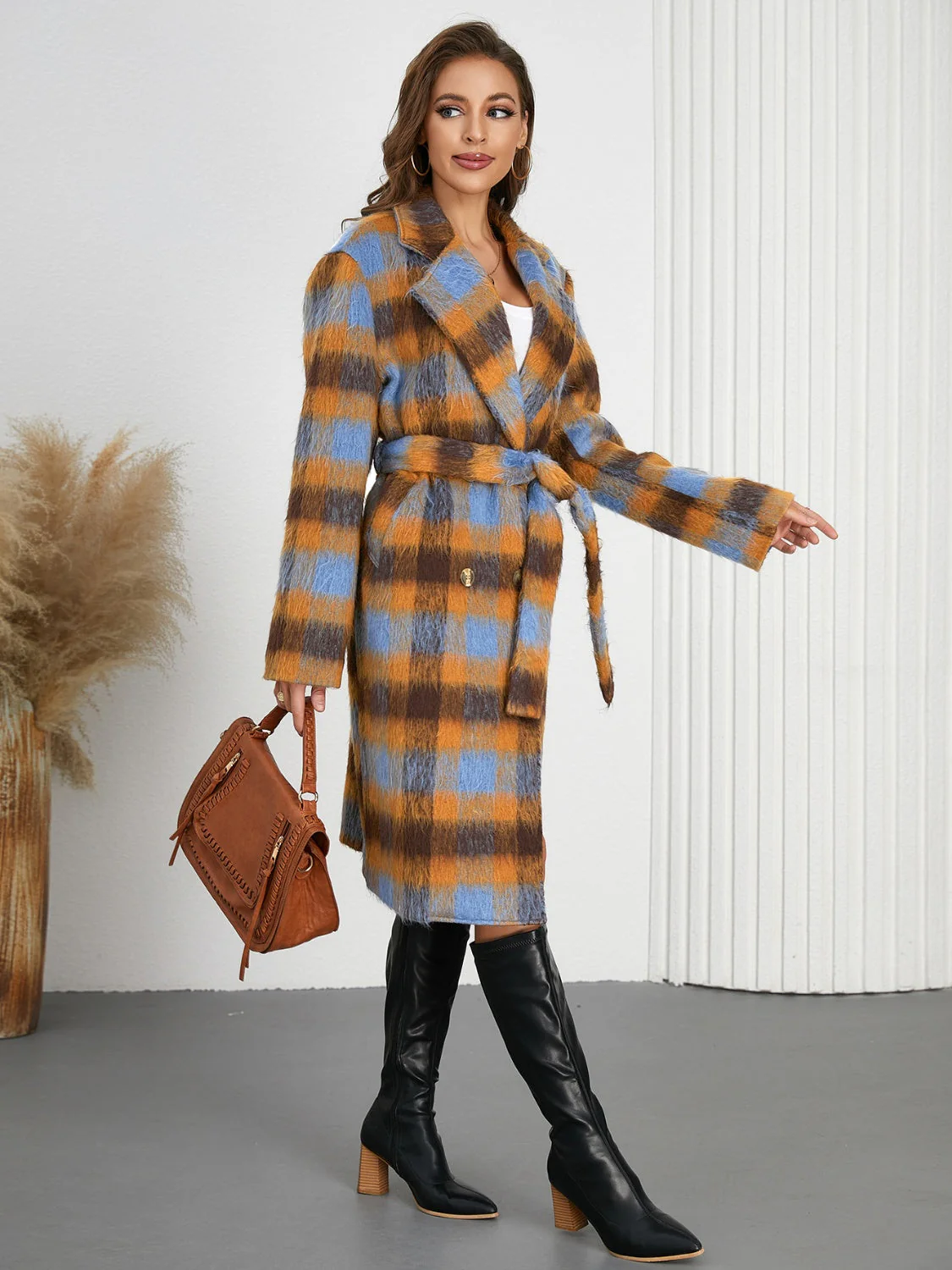 Tied Plaid Collared Neck Coat - Image 5