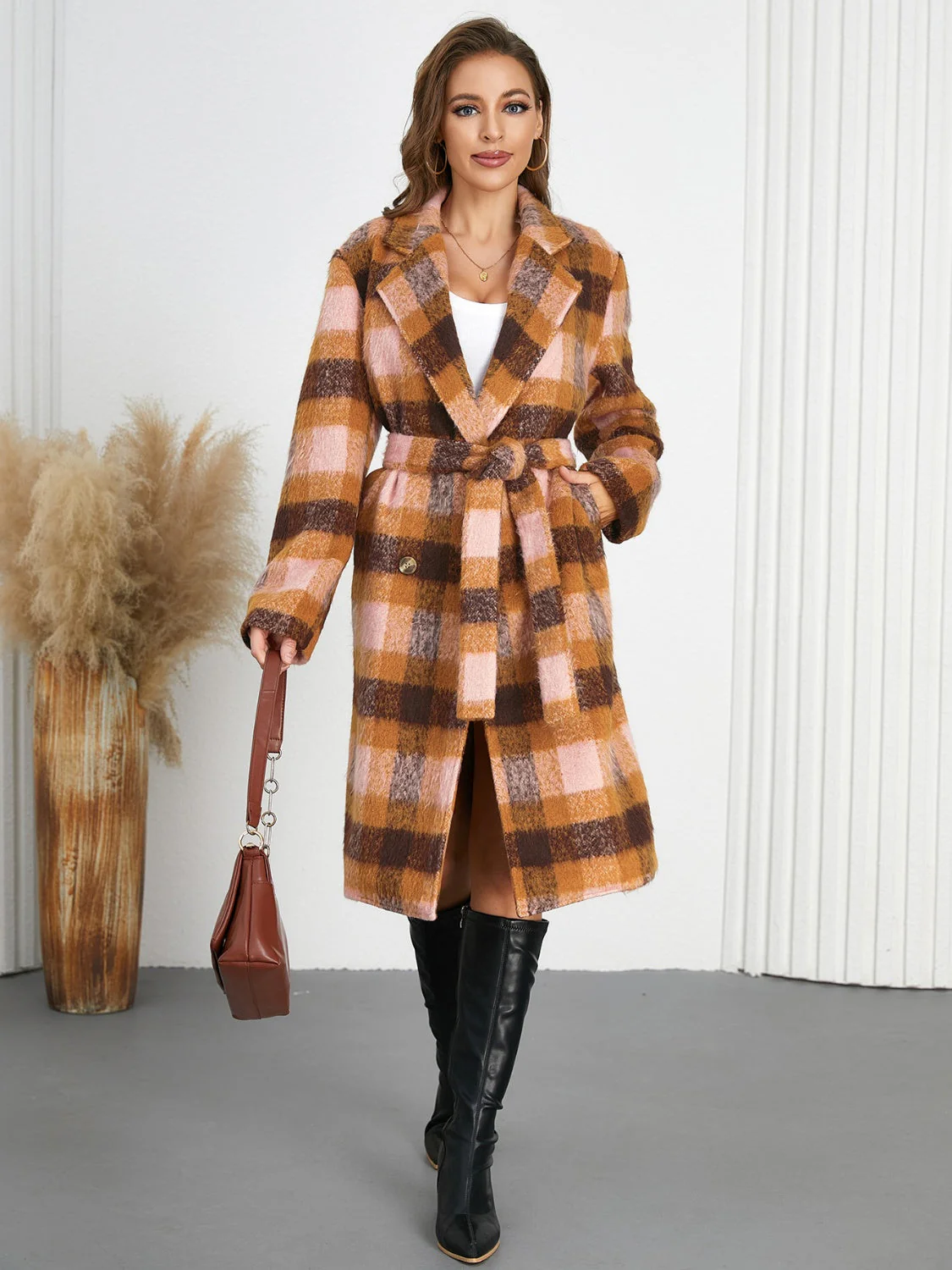 Tied Plaid Collared Neck Coat - Image 9