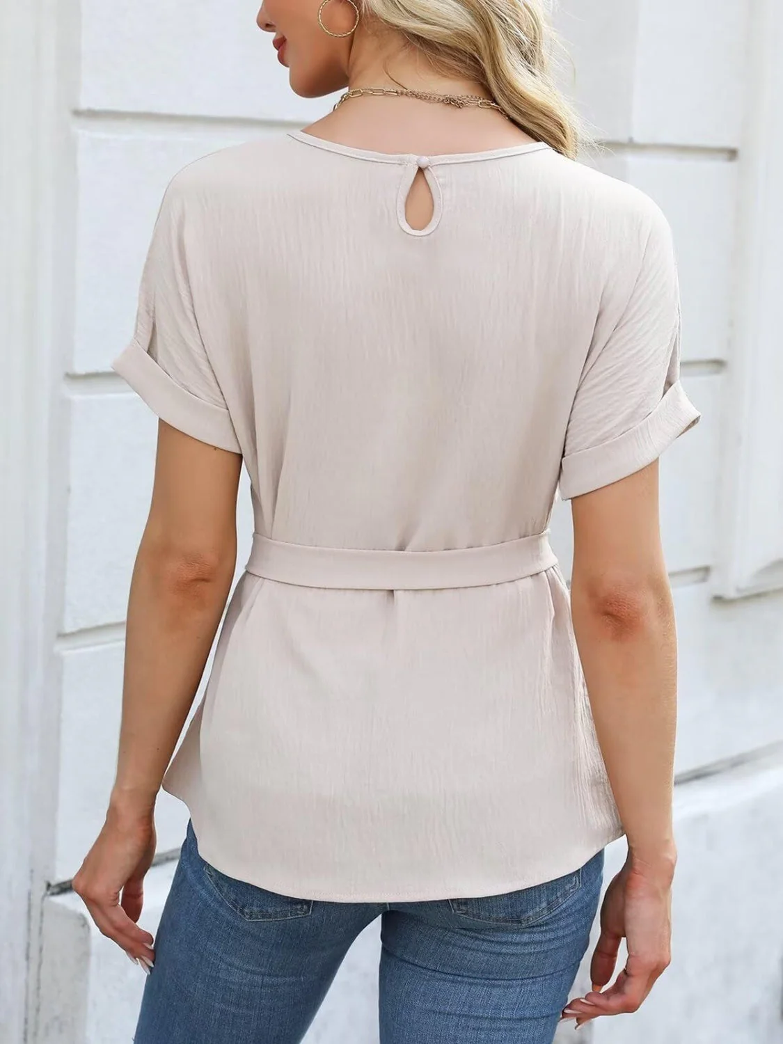 Tied Pleated Round Neck Short Sleeve Top - Image 4