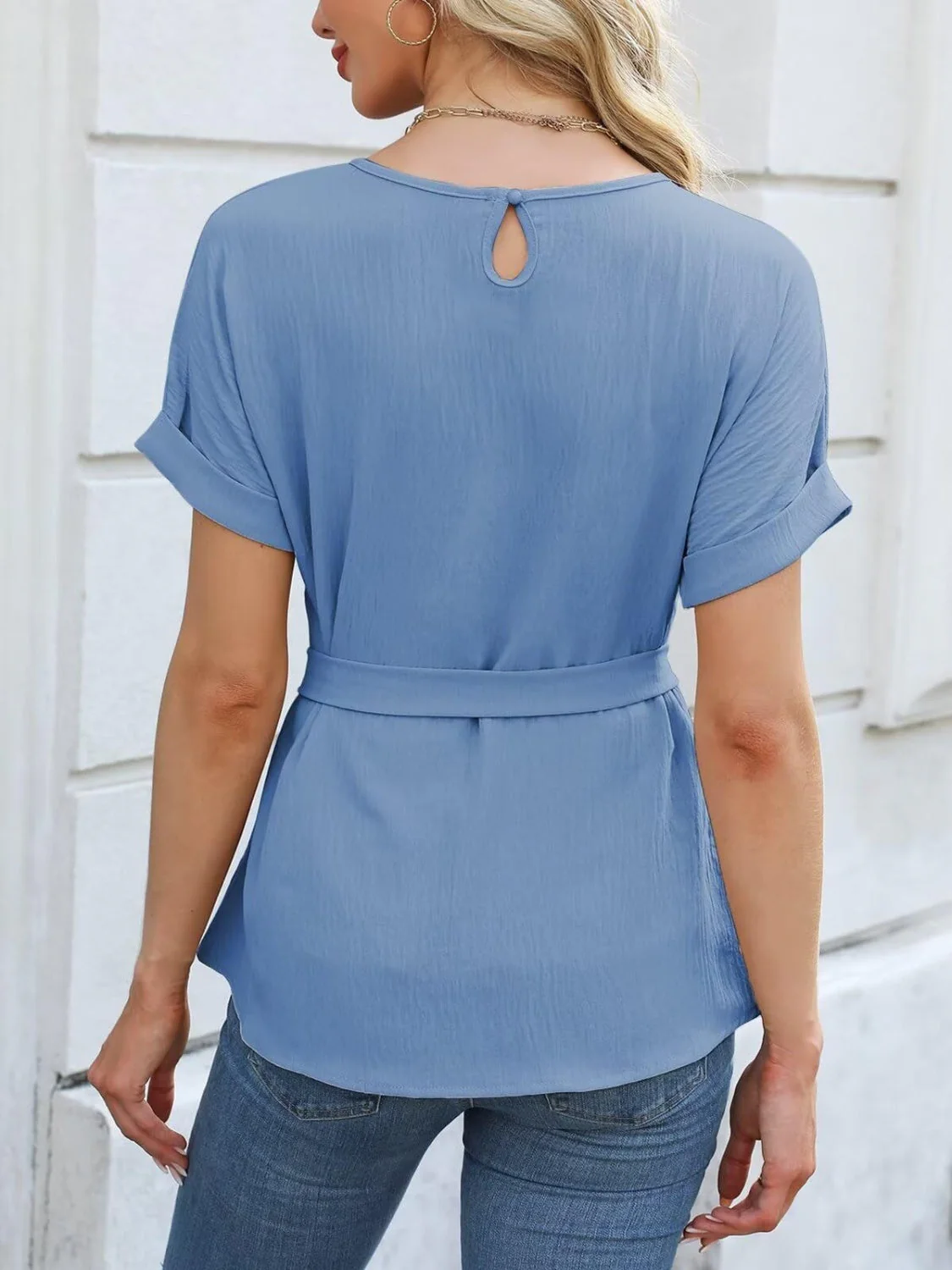 Tied Pleated Round Neck Short Sleeve Top - Image 8