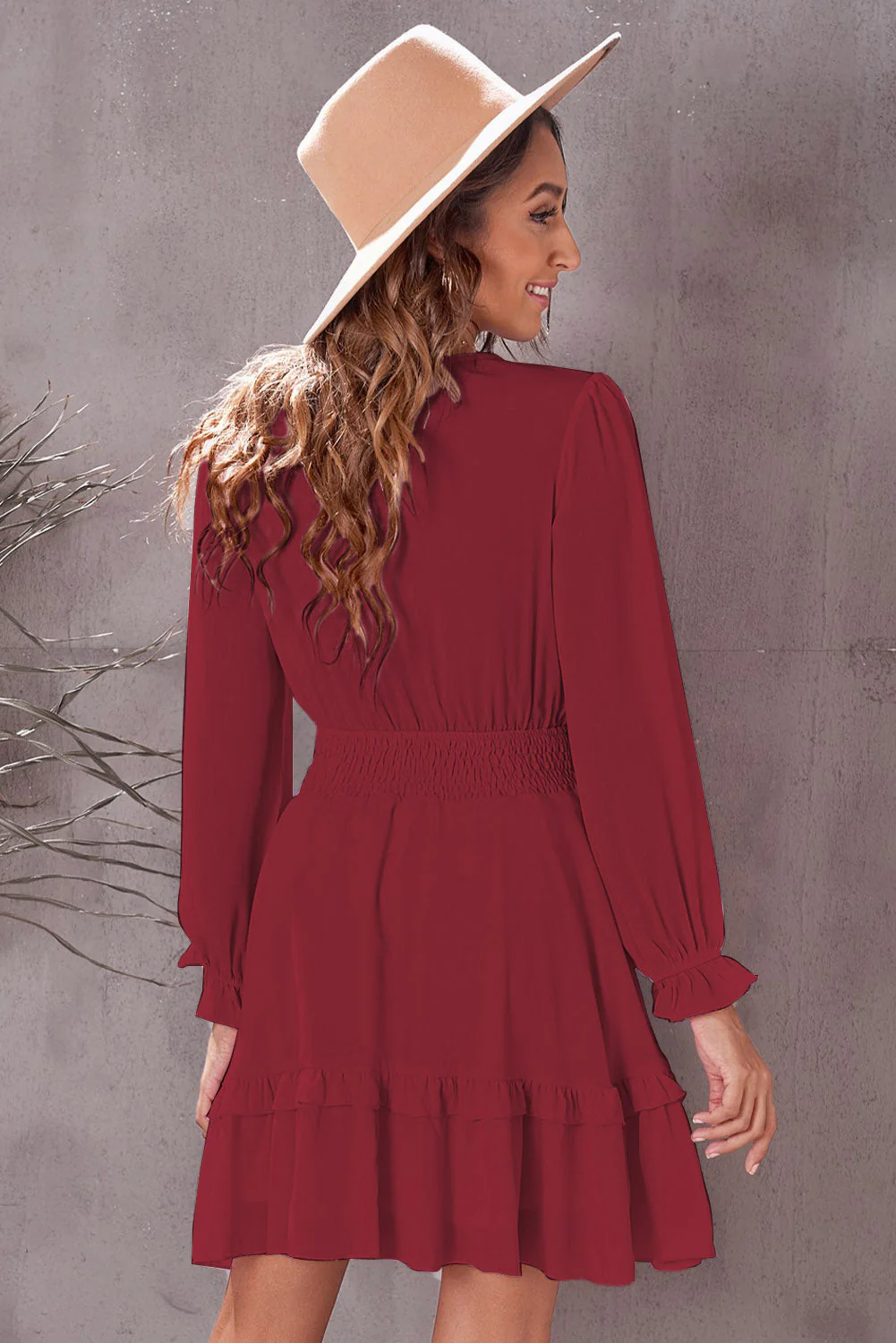 Tied Plunge Smocked Waist Flounce Sleeve Dress - Image 10