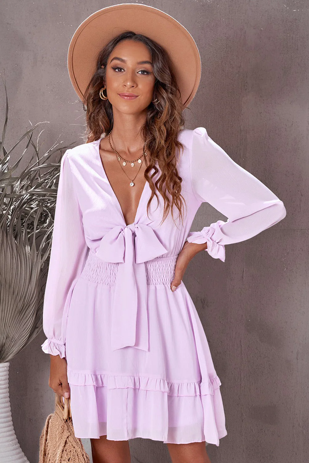 Tied Plunge Smocked Waist Flounce Sleeve Dress - Image 11