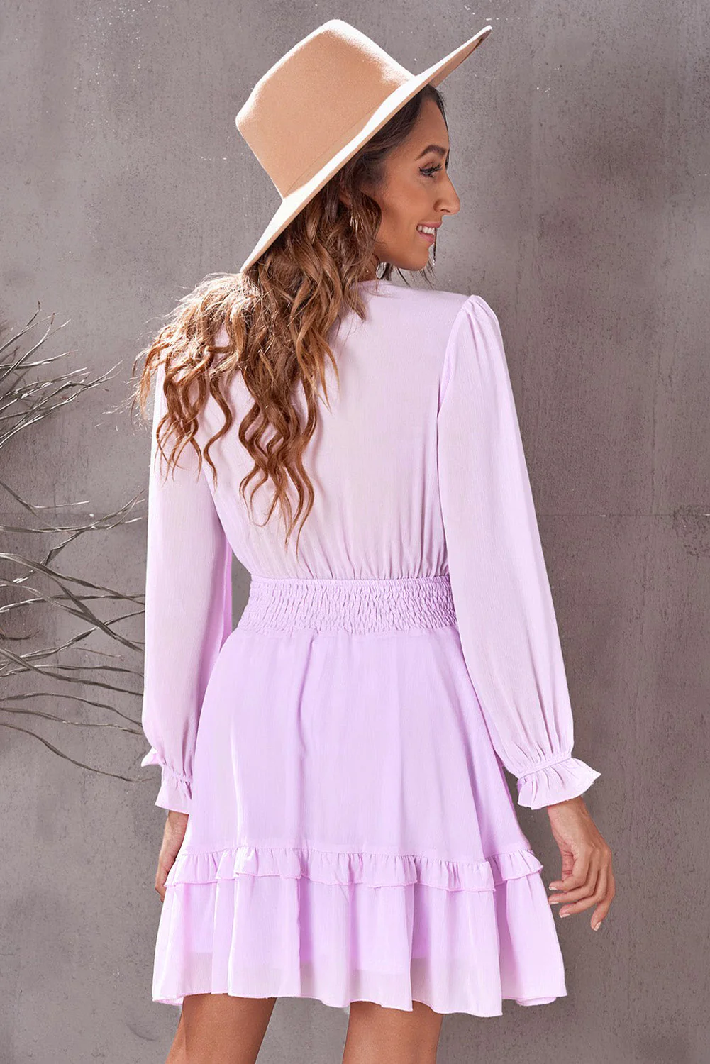 Tied Plunge Smocked Waist Flounce Sleeve Dress - Image 13