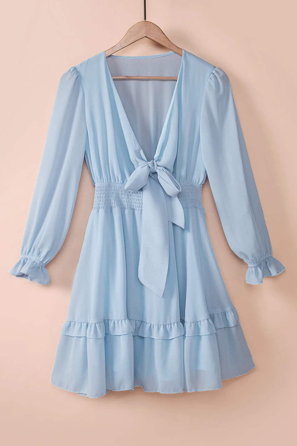 Tied Plunge Smocked Waist Flounce Sleeve Dress - Image 14