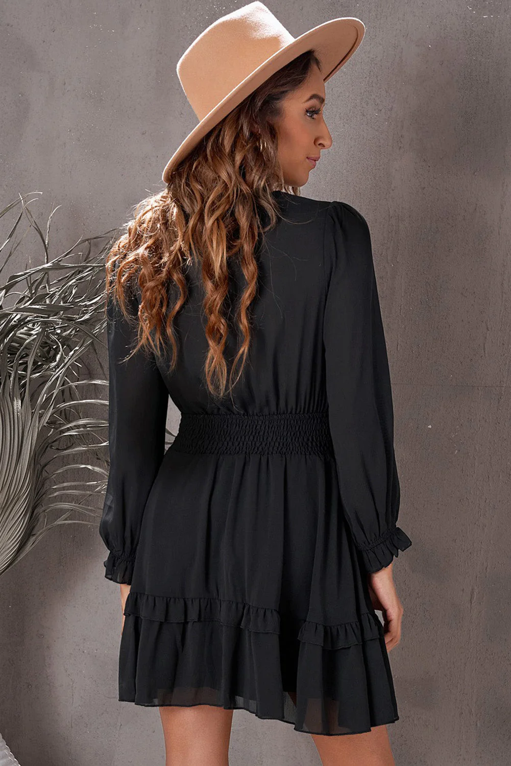 Tied Plunge Smocked Waist Flounce Sleeve Dress - Image 7