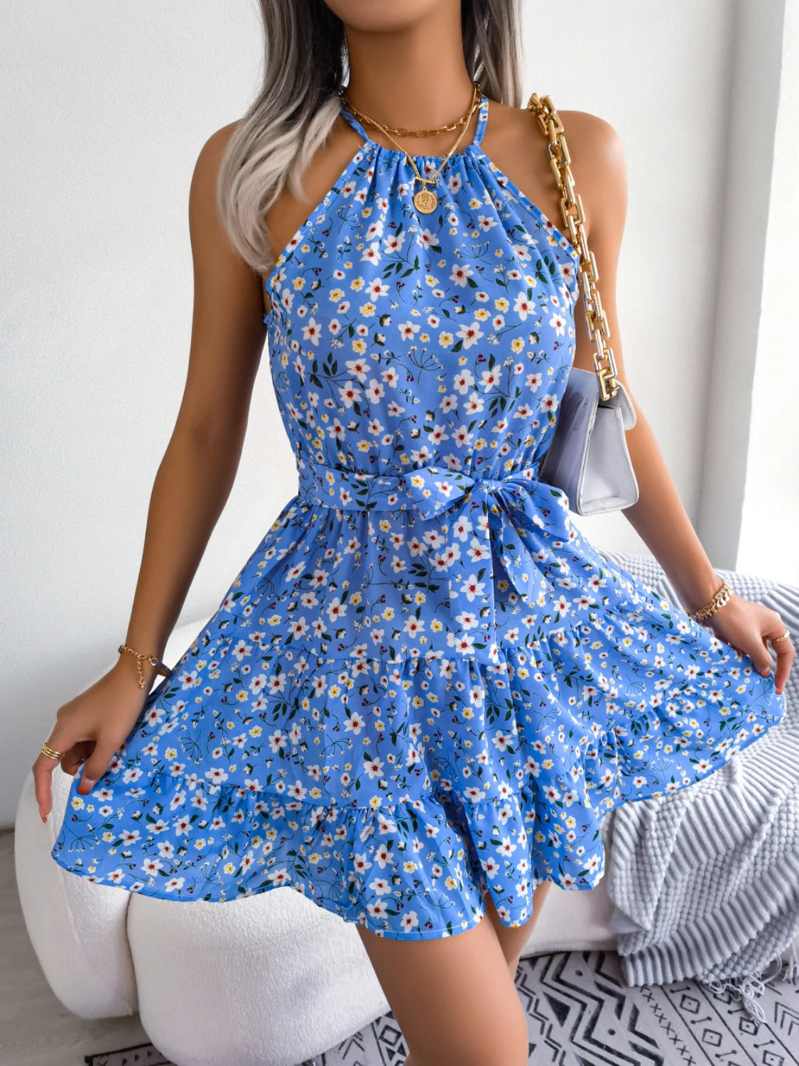 Tied Printed Grecian Neck Mini Dress - Image 17
