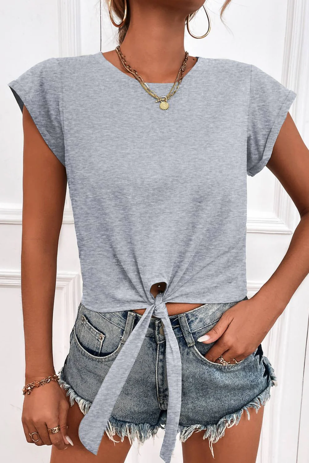 Tied Round Neck Crop Tee - Image 11