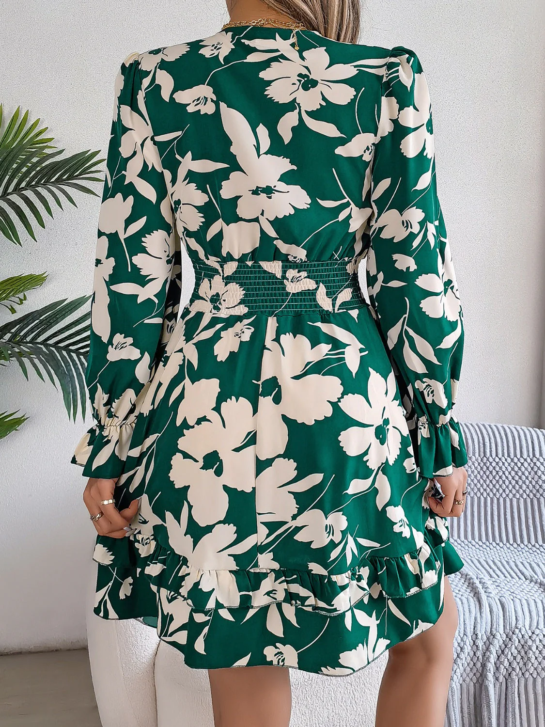 Tied Ruffled Printed Long Sleeve Dress - Image 10
