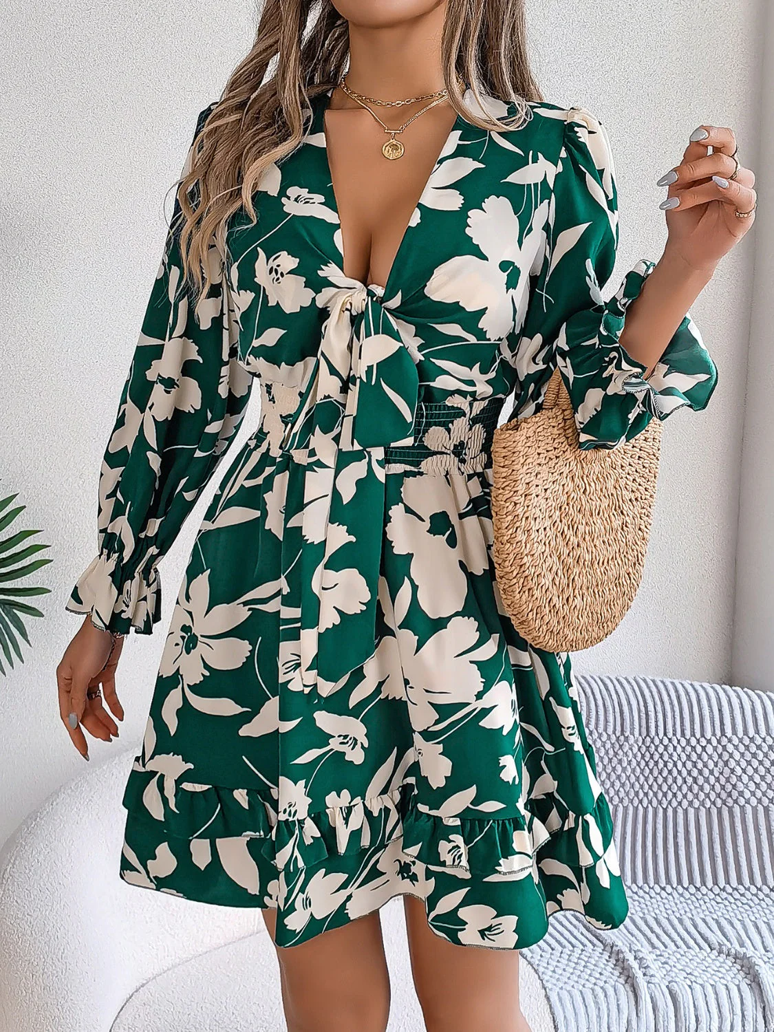 Tied Ruffled Printed Long Sleeve Dress - Image 11