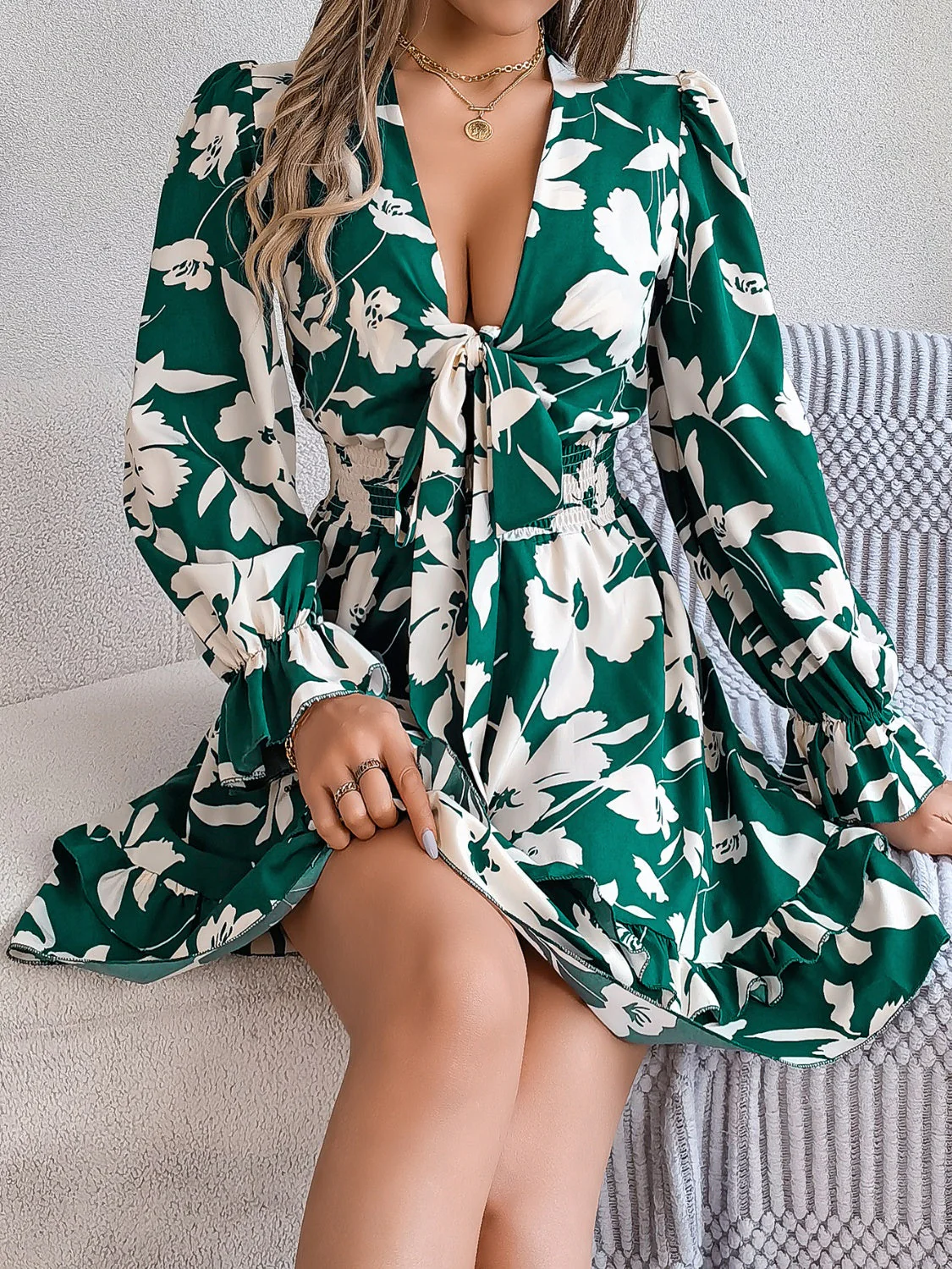 Tied Ruffled Printed Long Sleeve Dress - Image 12