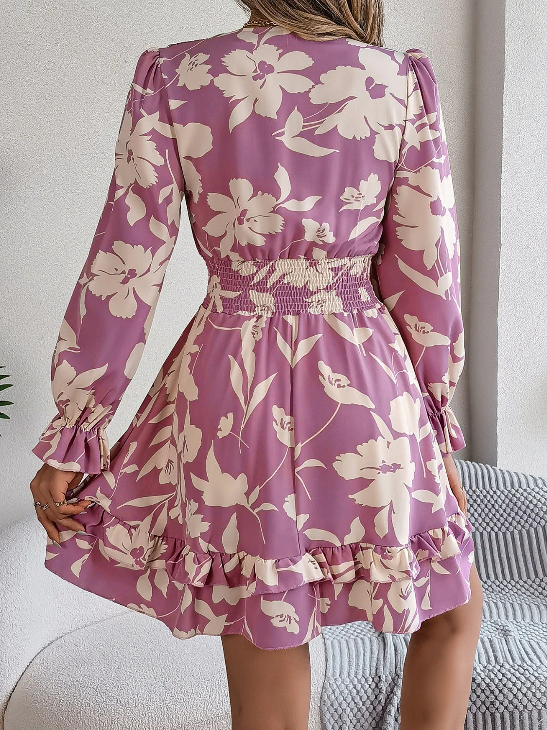 Tied Ruffled Printed Long Sleeve Dress - Image 2