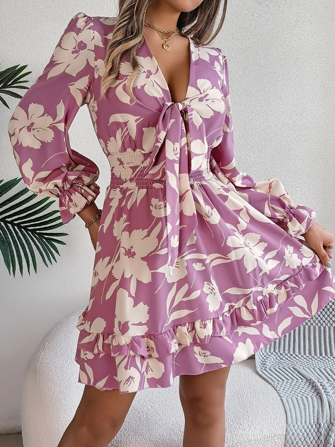 Tied Ruffled Printed Long Sleeve Dress - Image 4