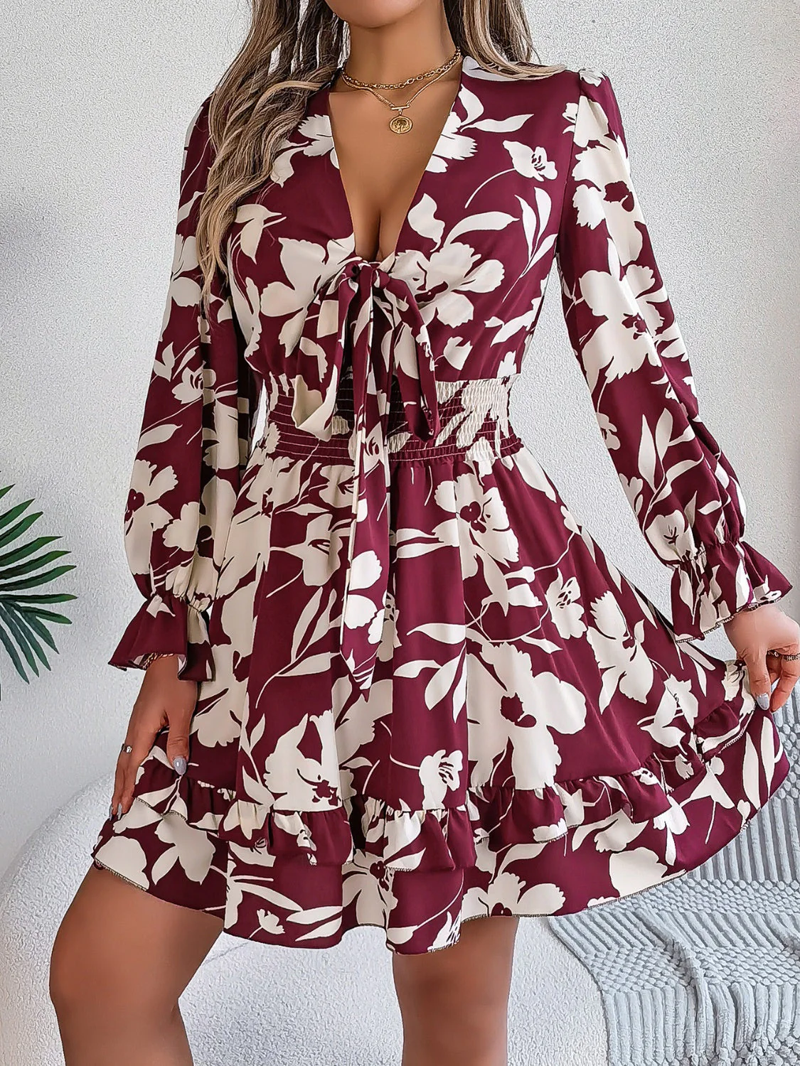 Tied Ruffled Printed Long Sleeve Dress - Image 5