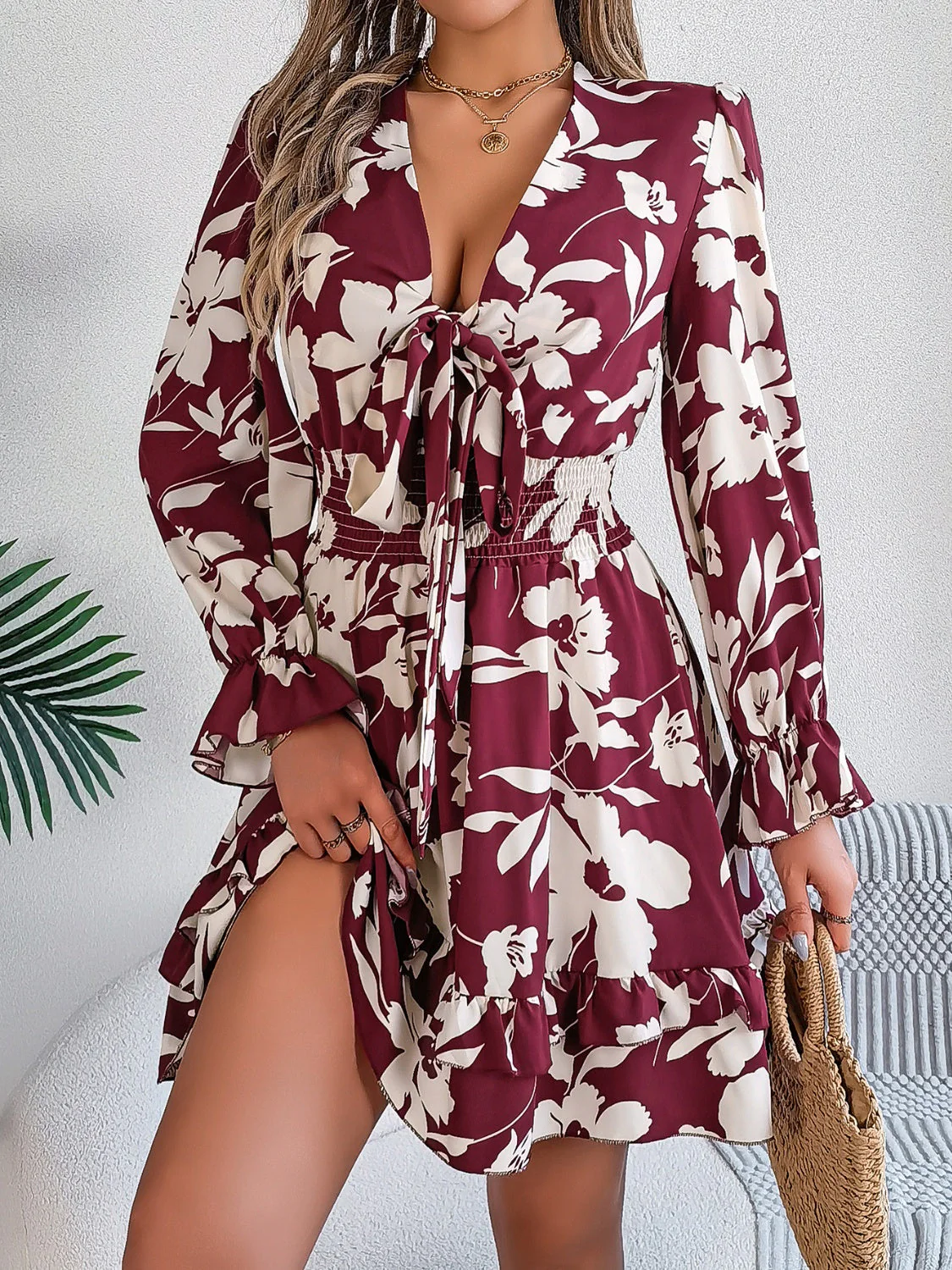 Tied Ruffled Printed Long Sleeve Dress - Image 6