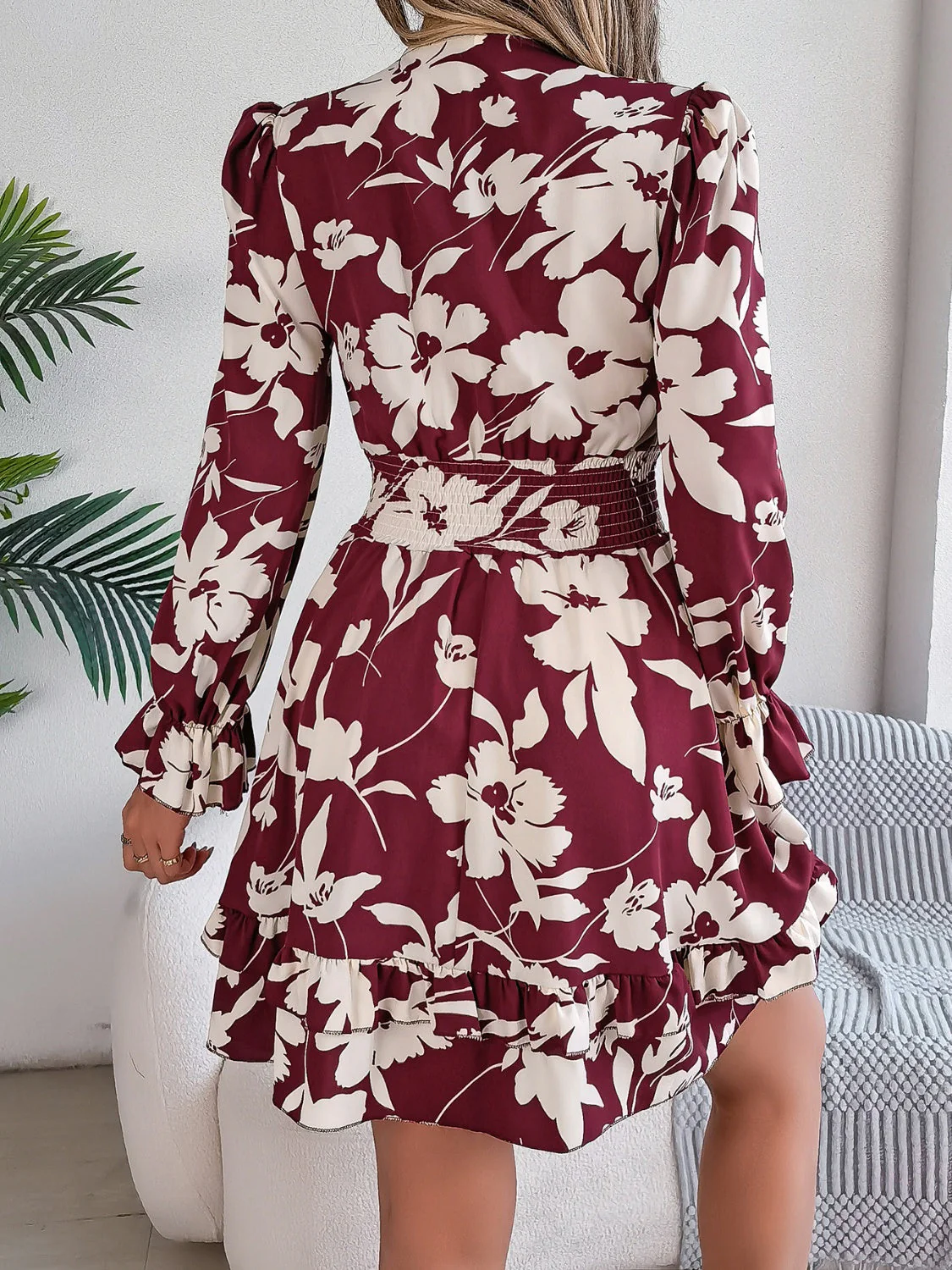 Tied Ruffled Printed Long Sleeve Dress - Image 7
