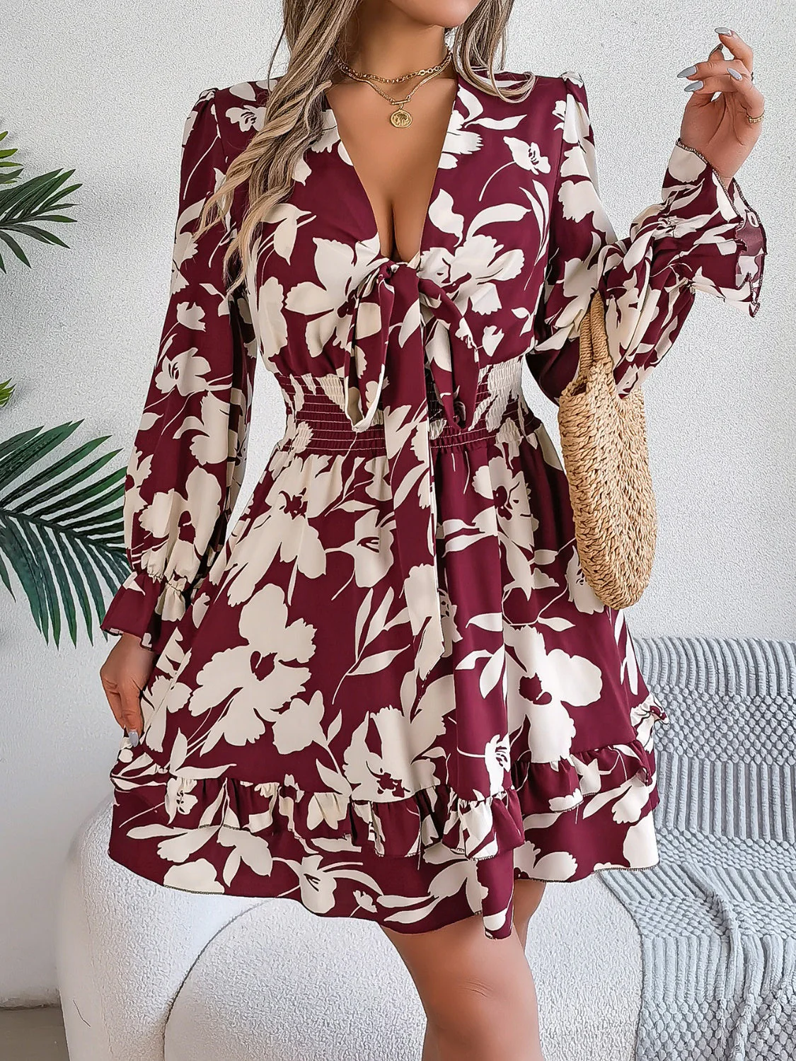 Tied Ruffled Printed Long Sleeve Dress - Image 8