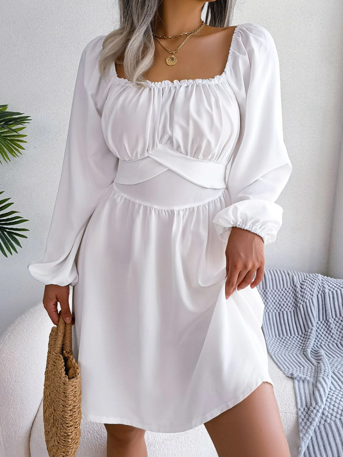 Tied Square Neck Balloon Sleeve Dress - Image 11