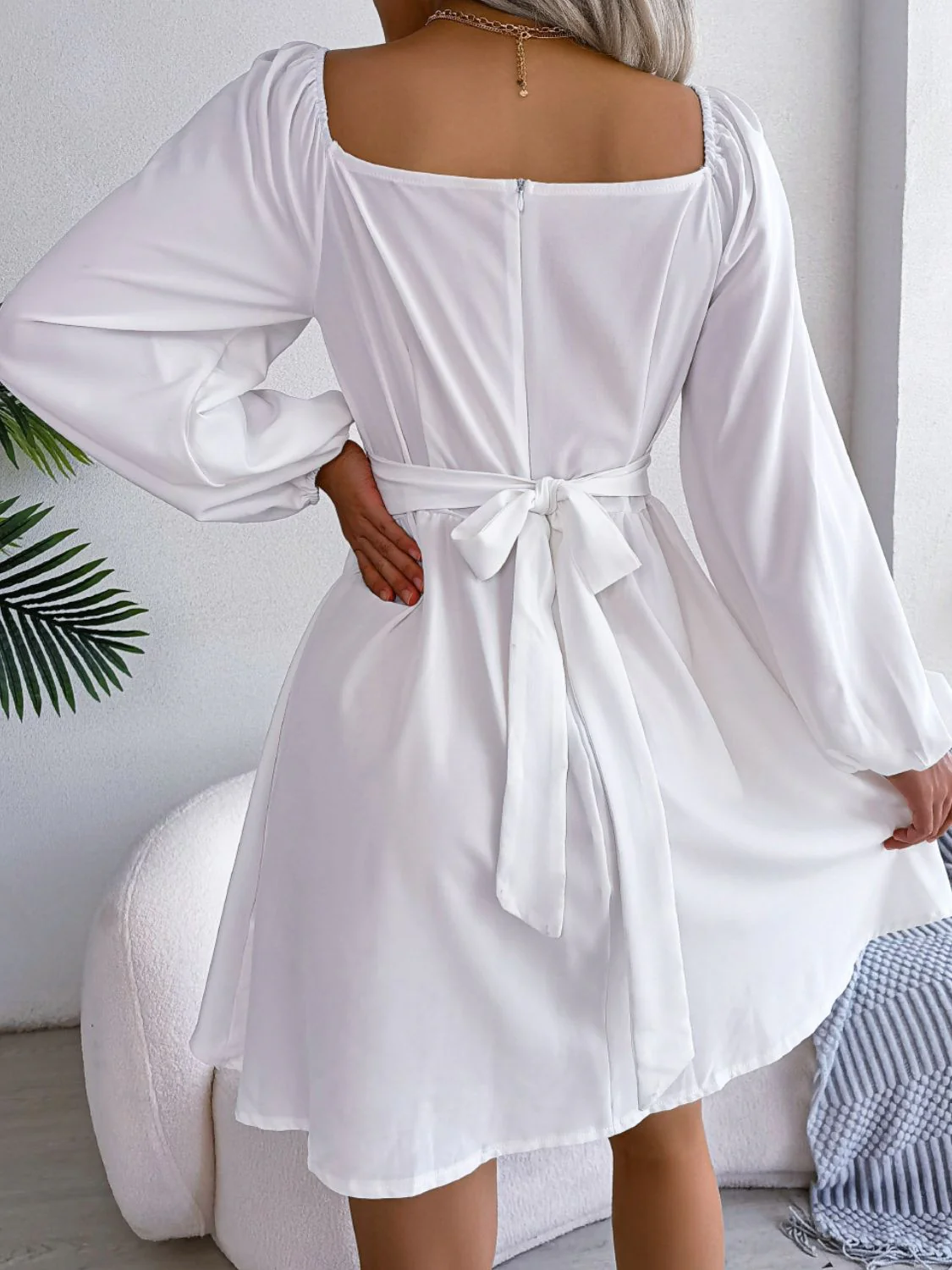 Tied Square Neck Balloon Sleeve Dress - Image 13