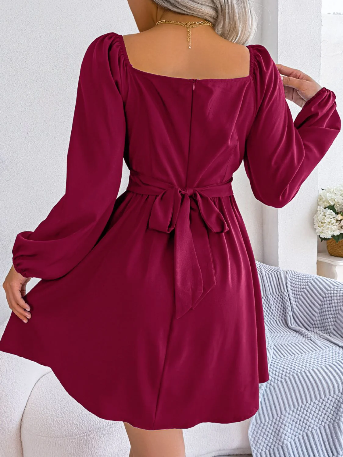Tied Square Neck Balloon Sleeve Dress - Image 2