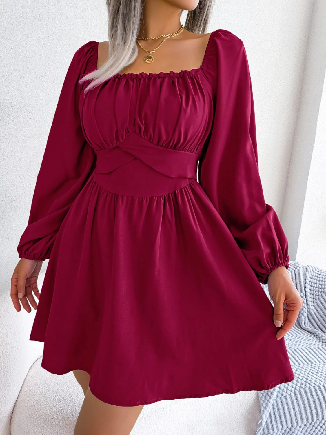 Tied Square Neck Balloon Sleeve Dress - Image 3