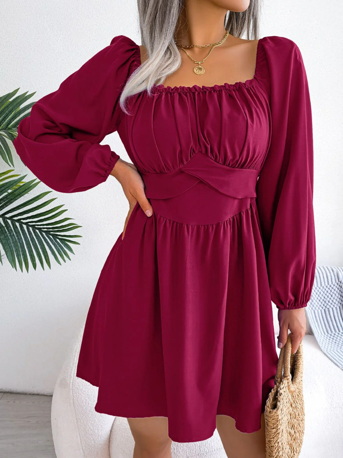 Tied Square Neck Balloon Sleeve Dress - Image 4