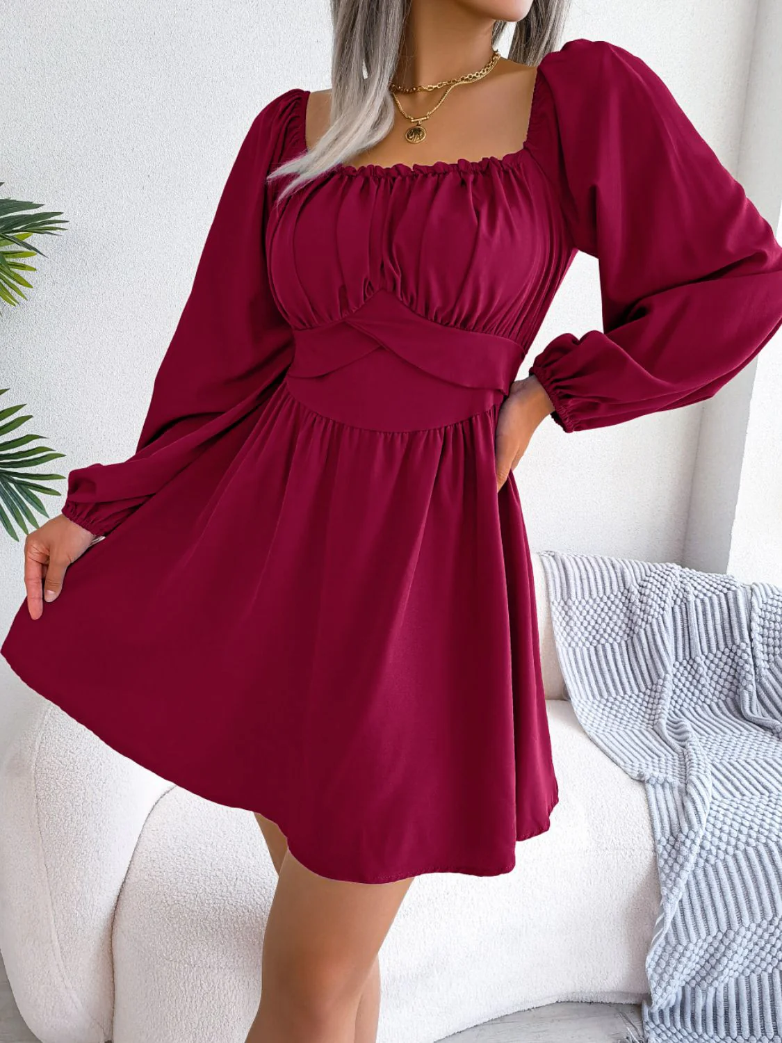 Tied Square Neck Balloon Sleeve Dress - Image 5