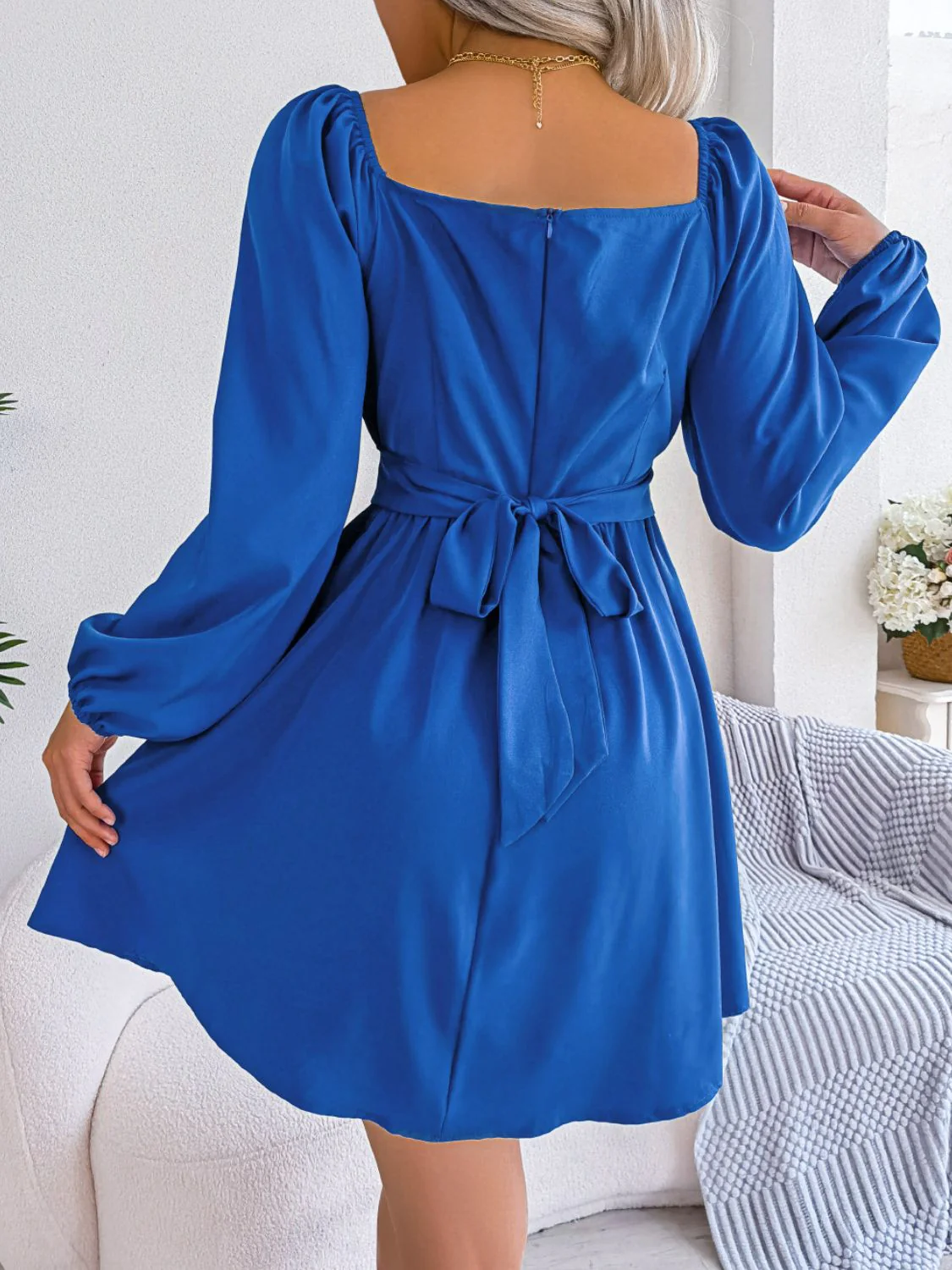 Tied Square Neck Balloon Sleeve Dress - Image 9