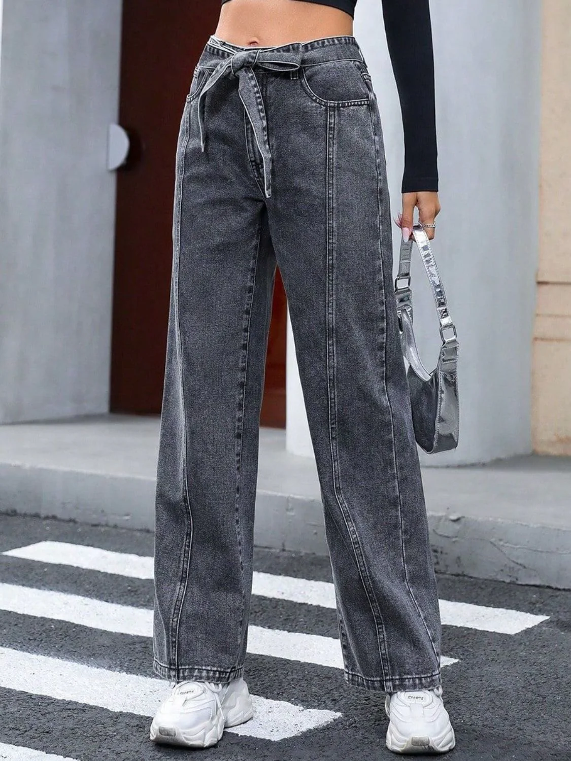 Tied Straight Leg Jeans with Pockets - Image 3