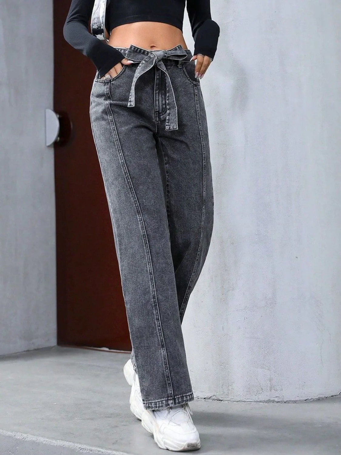 Tied Straight Leg Jeans with Pockets - Image 4