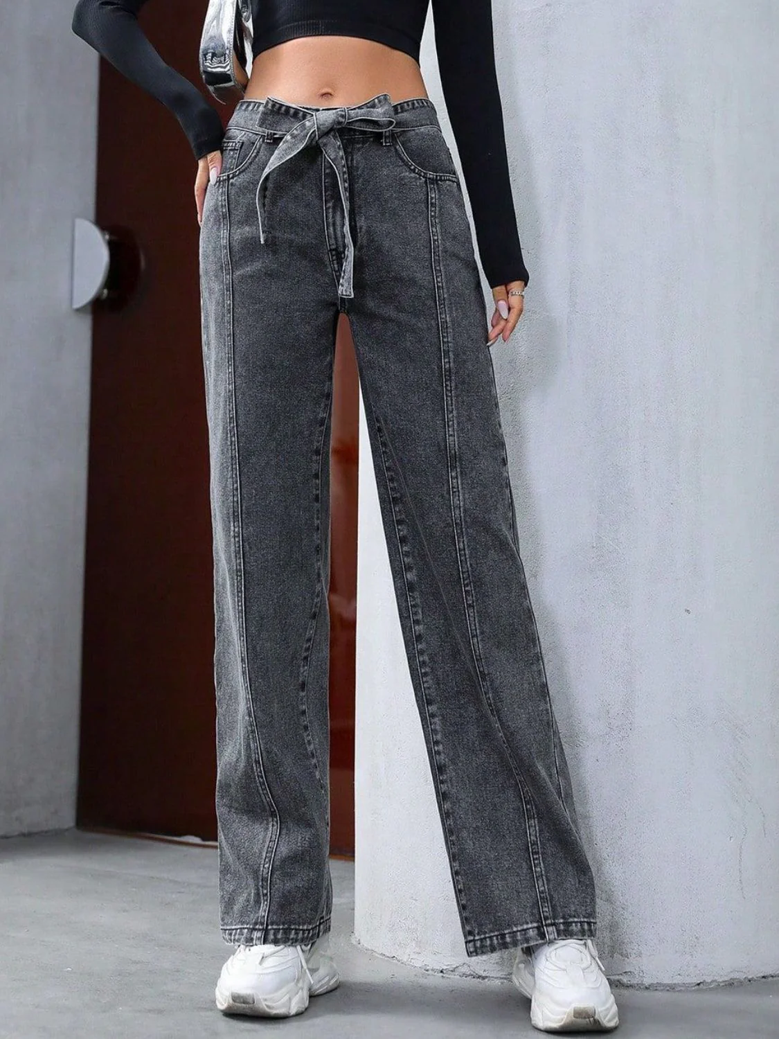 Tied Straight Leg Jeans with Pockets - Image 5