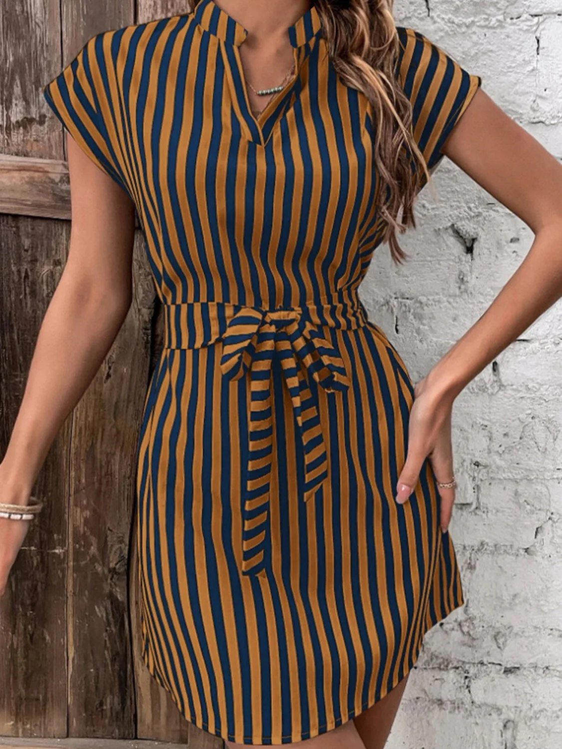 Tied Striped Cap Sleeve Mini Dress - Image 9