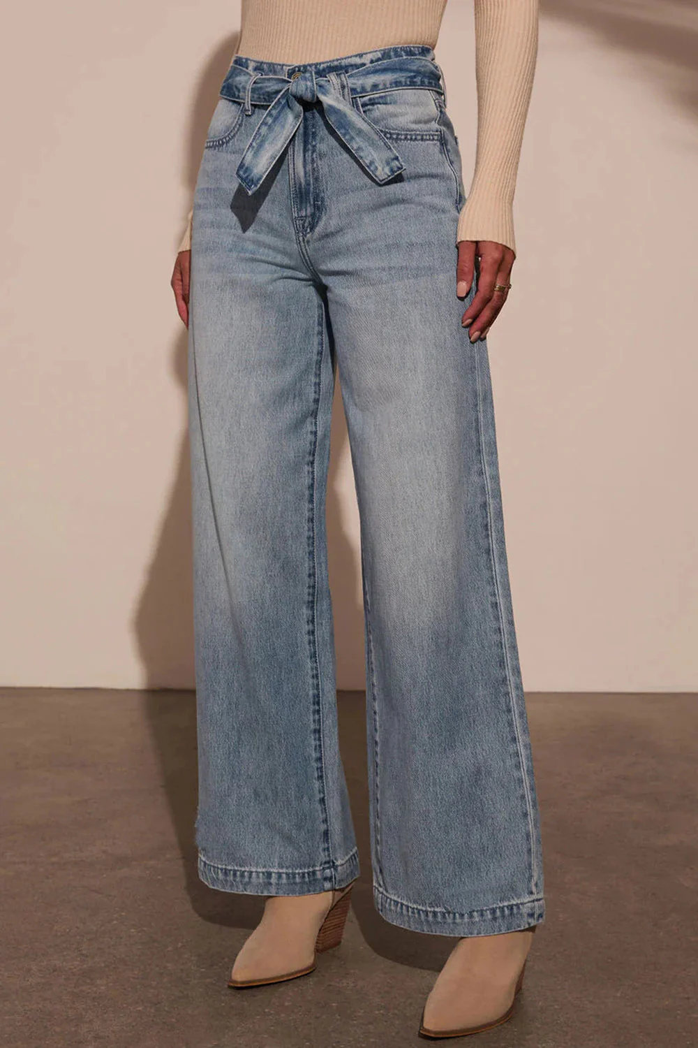 Tied Wide Leg Jeans with Pockets - Image 2