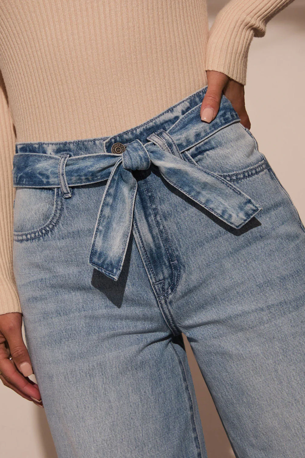 Tied Wide Leg Jeans with Pockets - Image 4