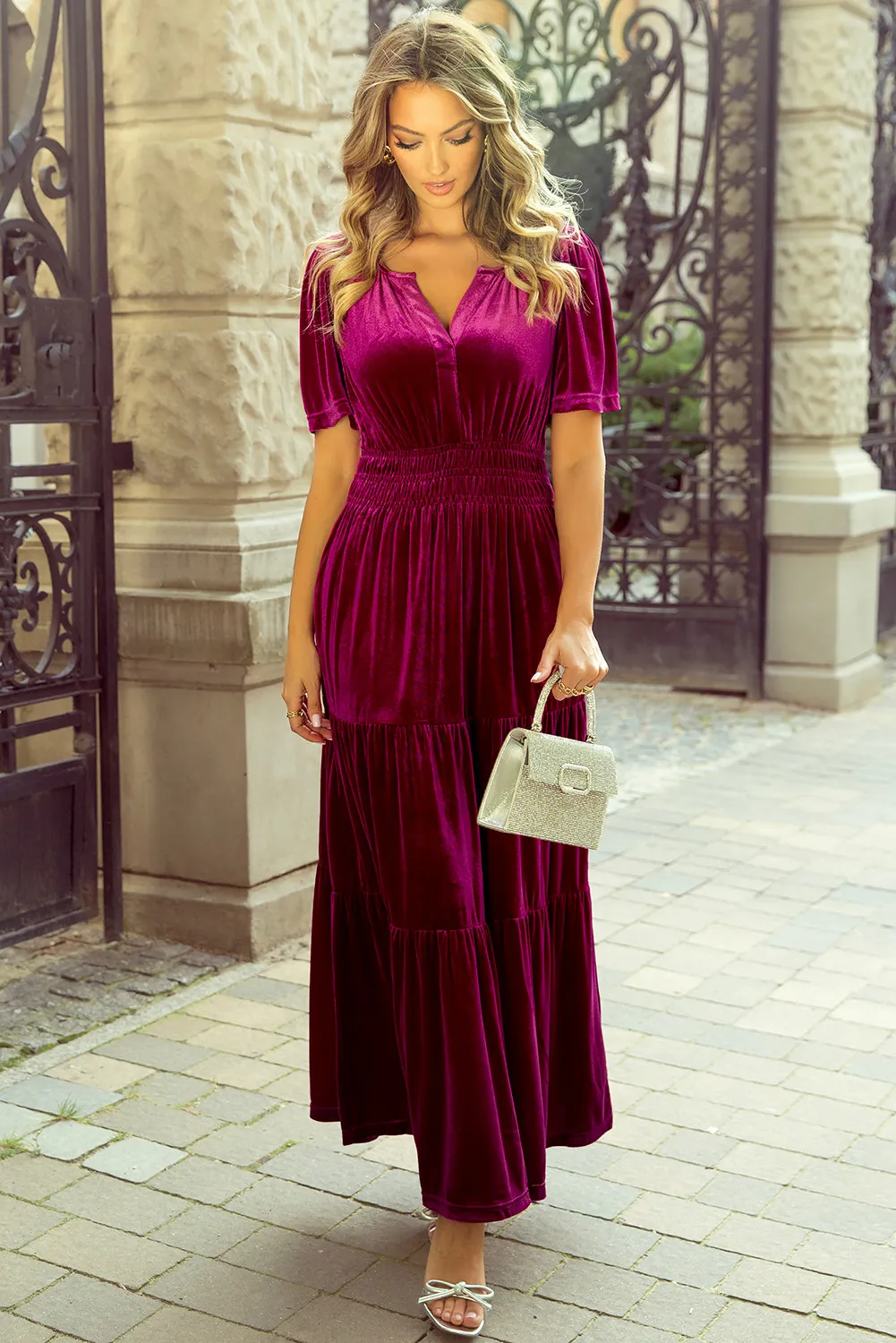 Tiered Notched Short Sleeve Dress with Pockets - Image 4