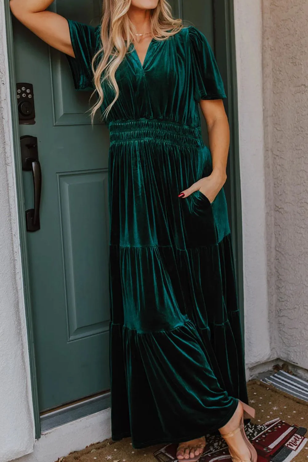 Tiered Notched Short Sleeve Dress with Pockets - Image 9