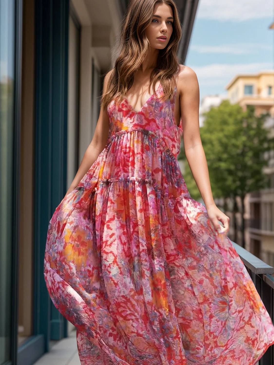 Tiered Printed V-Neck Sleeveless Dress - Image 2