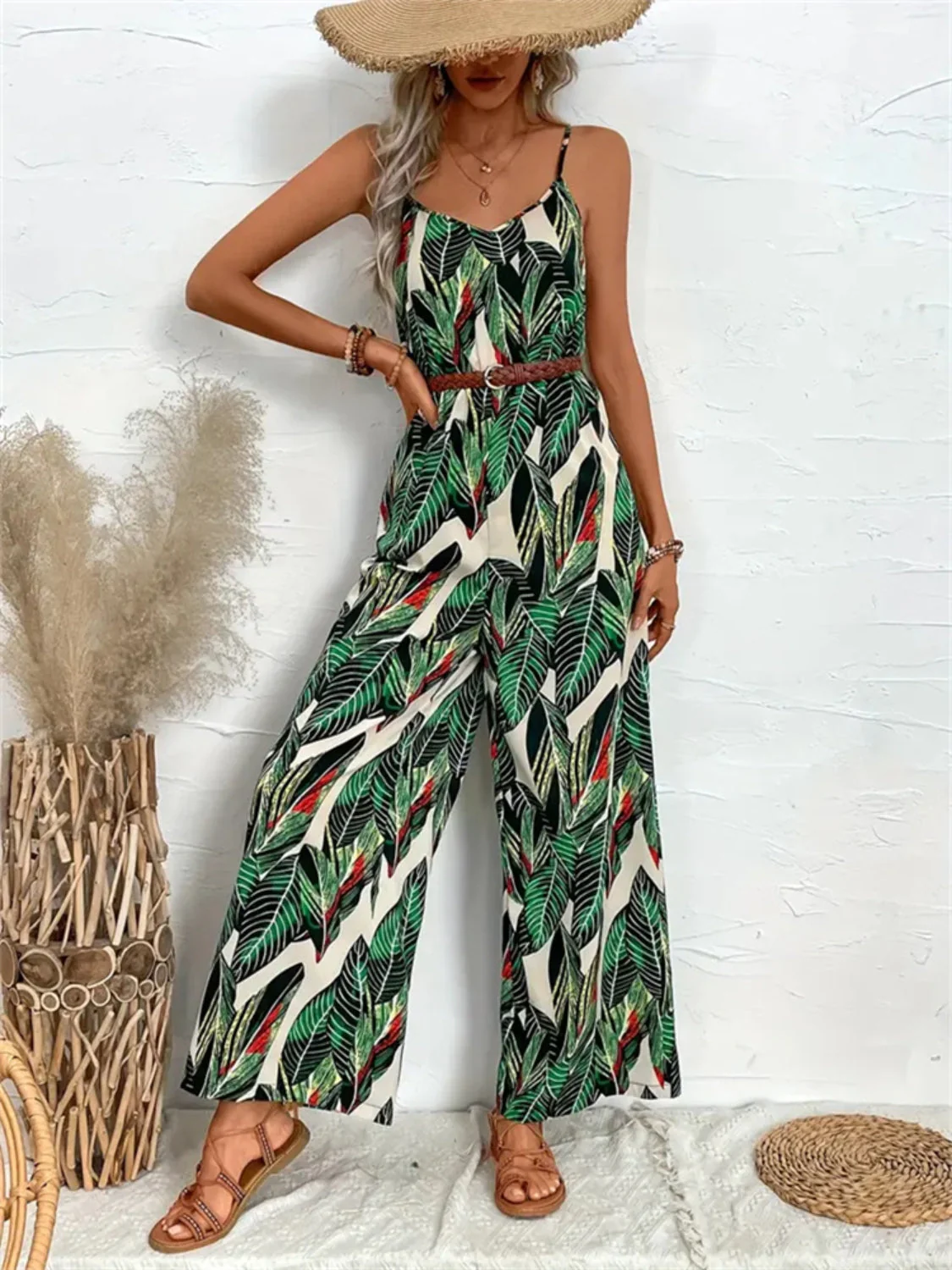 Tropical Print Spaghetti Strap Wide Leg Jumpsuit - Image 2