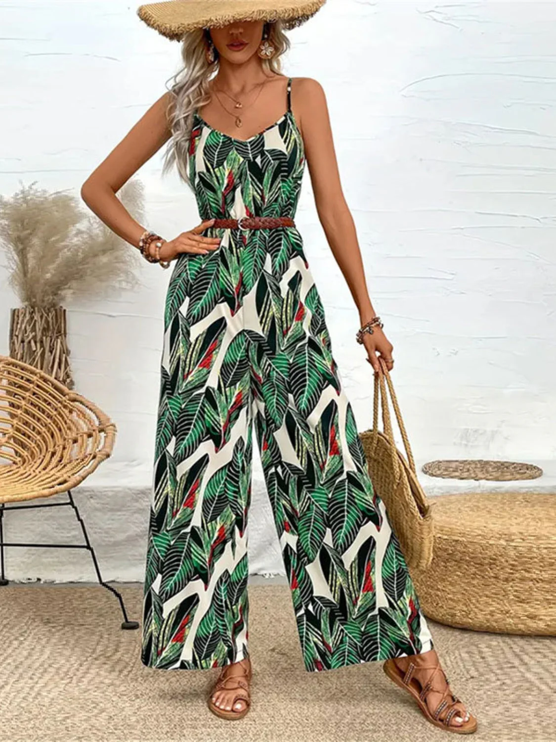 Tropical Print Spaghetti Strap Wide Leg Jumpsuit - Image 3