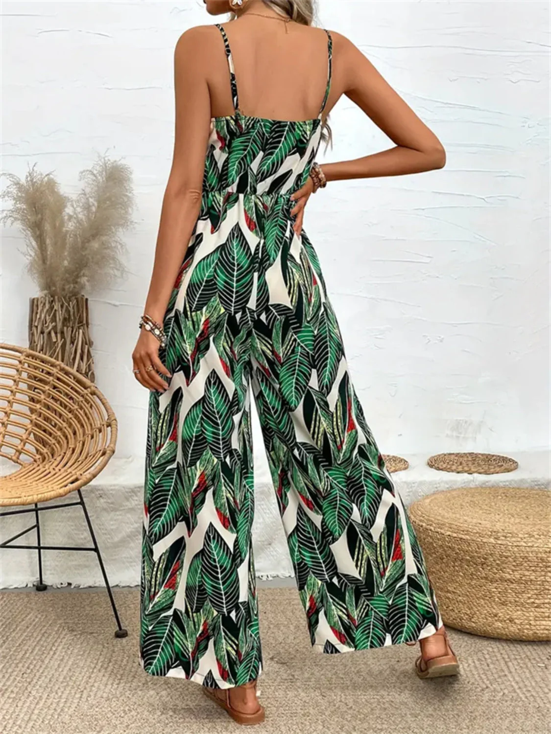 Tropical Print Spaghetti Strap Wide Leg Jumpsuit - Image 4