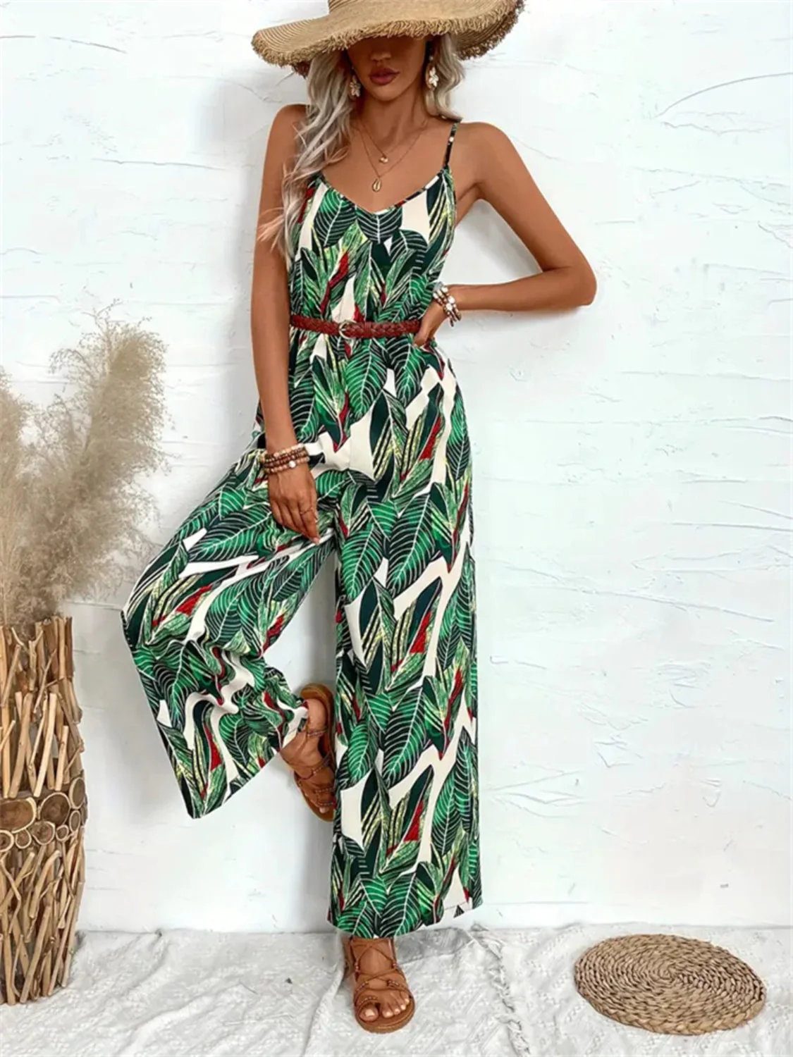 Tropical Print Spaghetti Strap Wide Leg Jumpsuit - Image 5