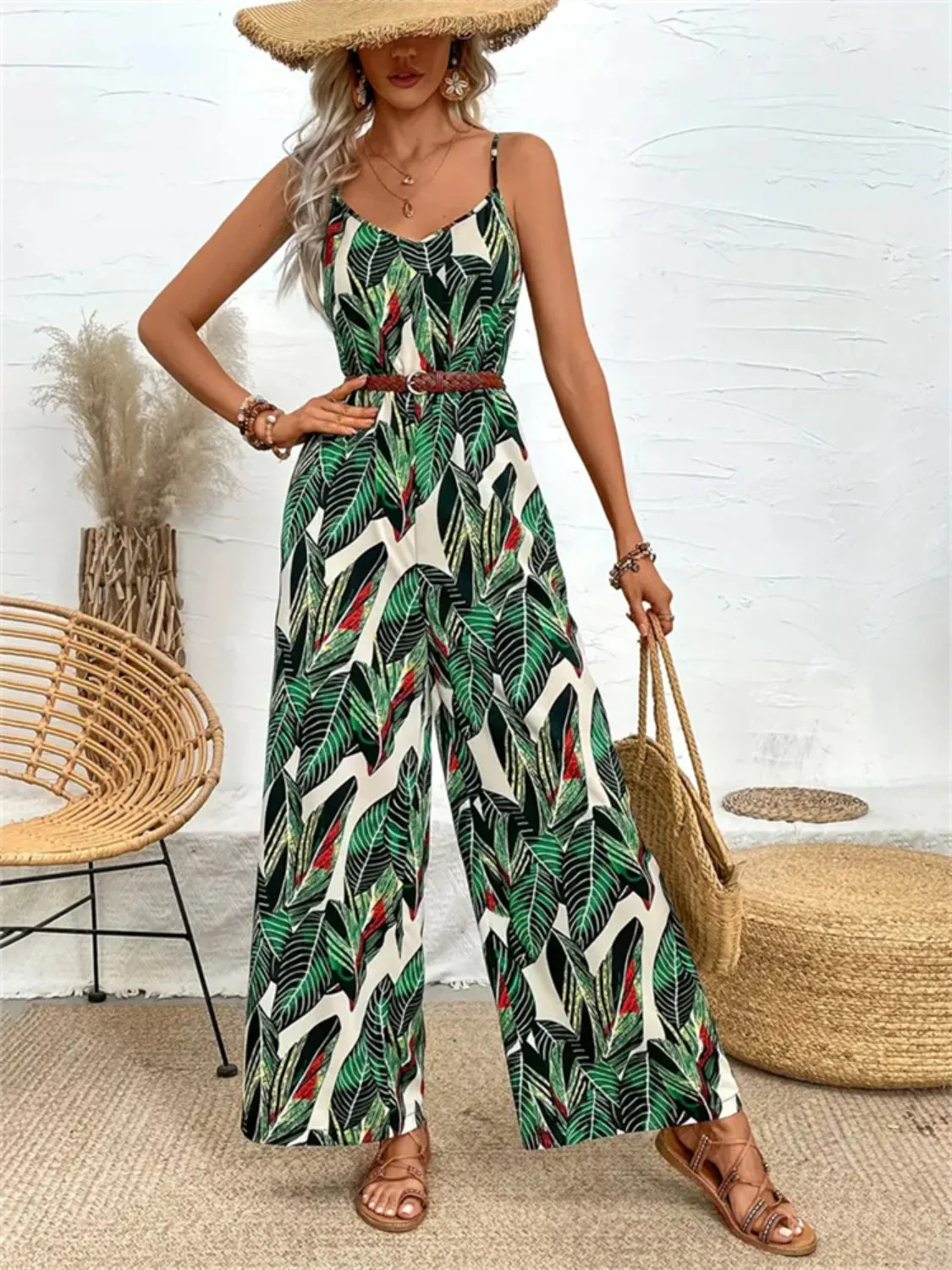 Tropical Print Spaghetti Strap Wide Leg Jumpsuit - Image 6