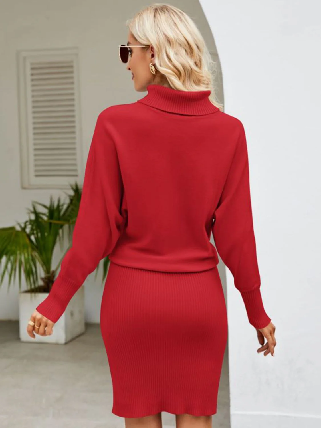 Turtle Neck Long Sleeve Ribbed Sweater Dress - Image 2